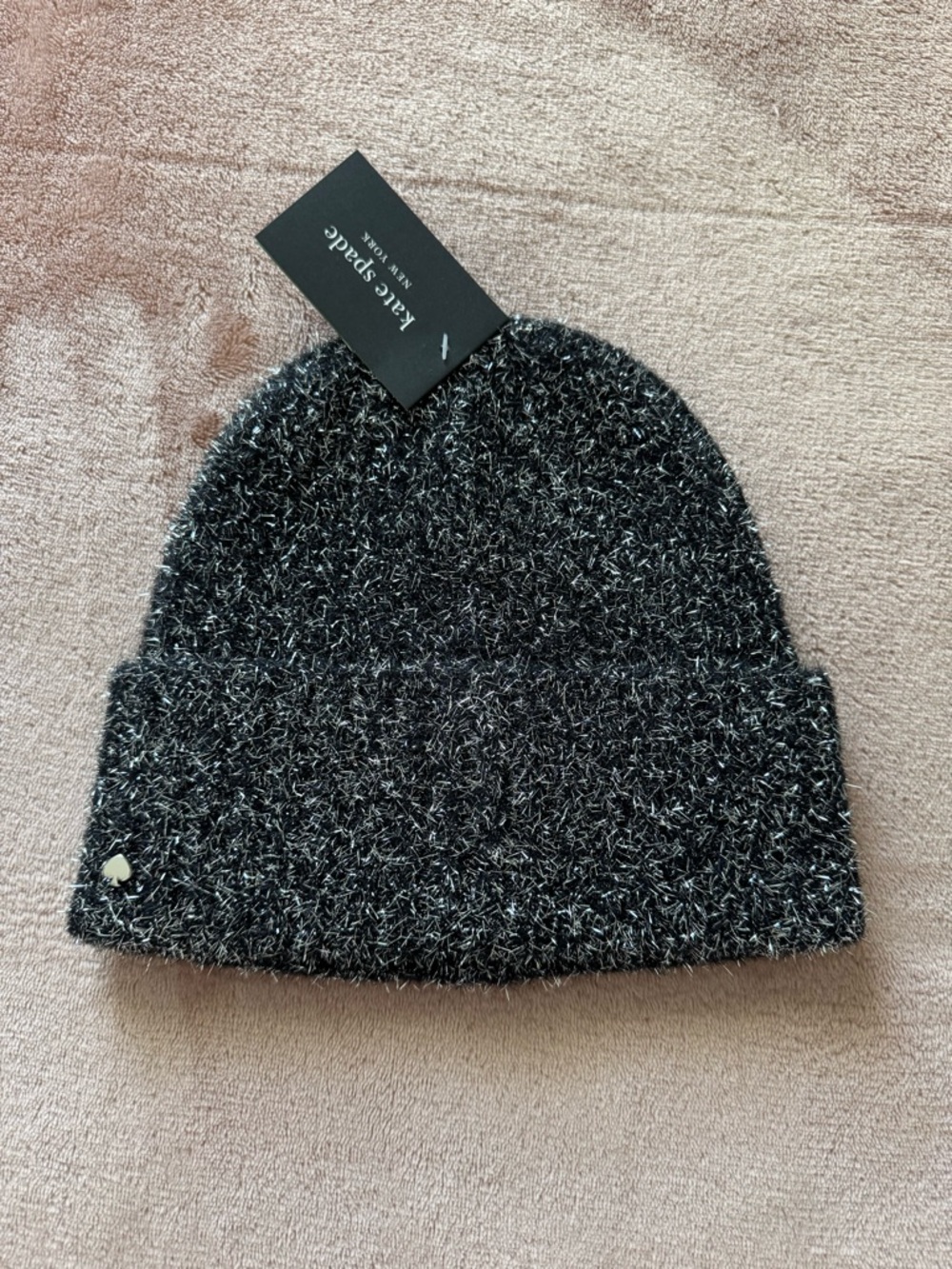 NWT Kate Spade New York Tinsel Knit Beanie Hat, Black/Silver